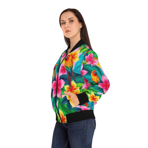 Tropical Parrot Floral Bomber Jacket — Women's Colorful Hawaiian AOP