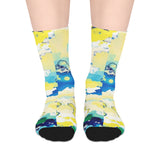 Abstract Blue & Yellow Mid-Length Socks — Artistic Watercolor Pattern