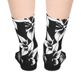 Floral Stripe Mid-Length Socks — Black & White Tropical Flower Crew Socks