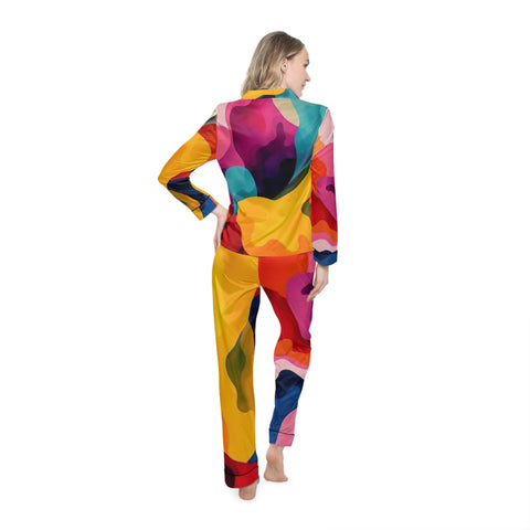Colorful Abstract Satin Pajama Set — Women's Vibrant Lounge PJs