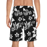 Black & White Hawaiian Floral Board Shorts — Men's Tropical Swim Trunks