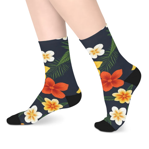 Tropical Floral Mid-Length Socks — Yellow & Orange Plumeria Design