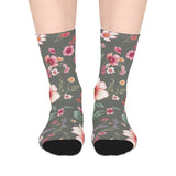 Floral Blooms Mid-Length Socks — Vintage Green Pink Flower Crew Socks