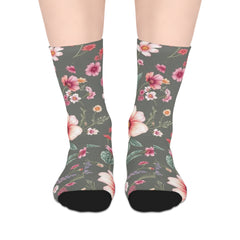 Floral Blooms Mid-Length Socks — Vintage Green Pink Flower Crew Socks