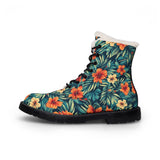 Floral Fur-Lined Leather Boots – Tropical Hibiscus Winter Boots for Women