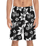Black & White Hawaiian Floral Board Shorts — Men's Tropical Swim Trunks
