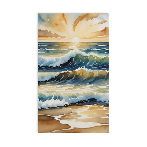 Sunset Ocean Waves Hand Towel — Coastal Watercolor Beach Decor