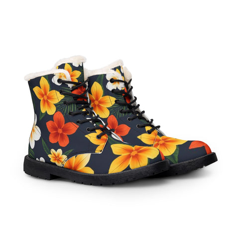 Floral Fur-Lined Leather Boots — Tropical Orange & Yellow Hibiscus Print