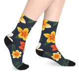 Tropical Floral Mid-Length Socks — Yellow & Orange Plumeria Design
