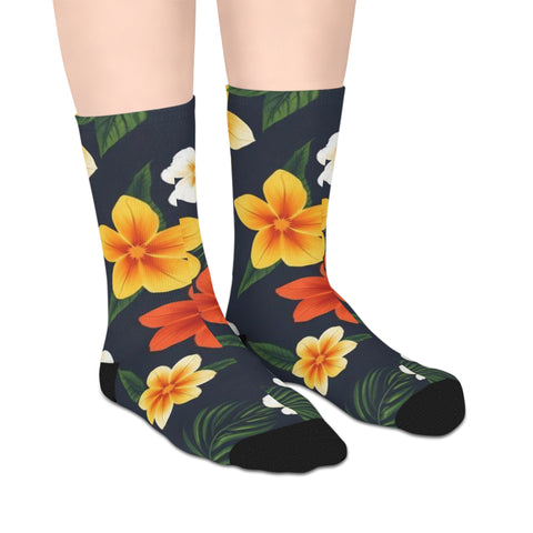 Tropical Floral Mid-Length Socks — Yellow & Orange Plumeria Design