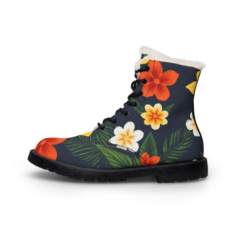 Floral Fur-Lined Leather Boots — Tropical Orange & Yellow Hibiscus Print