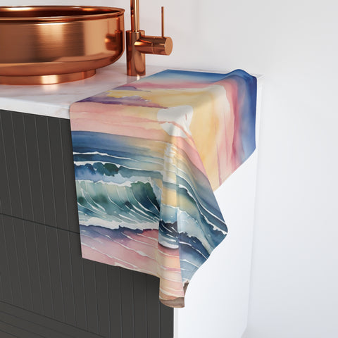 Sunset Ocean Watercolor Hand Towel — Beach Waves Sunrise Kitchen Towel