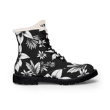 Floral Fur-Lined Leather Boots — Black & White Winter Combat Boots