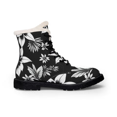 Floral Fur-Lined Leather Boots — Black & White Winter Combat Boots