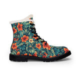 Floral Fur-Lined Leather Boots – Tropical Hibiscus Winter Boots for Women