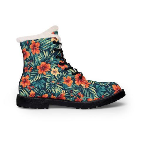 Floral Fur-Lined Leather Boots – Tropical Hibiscus Winter Boots for Women
