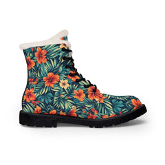 Floral Fur-Lined Leather Boots – Tropical Hibiscus Winter Boots for Women