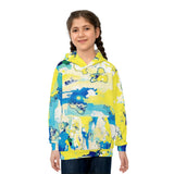 Kids Abstract Watercolor Hoodie – Blue & Yellow All-Over Print