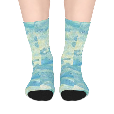 Aqua Tile Mid-Length Socks — Soft Blue Watercolor Pattern