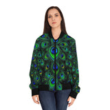 Peacock Feather All-Over Print Bomber Jacket — Women's Vibrant Green Blue Statement Outerwear