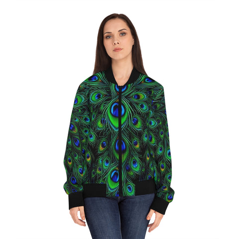 Peacock Feather All-Over Print Bomber Jacket — Women's Vibrant Green Blue Statement Outerwear