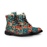 Floral Fur-Lined Leather Boots – Tropical Hibiscus Winter Boots for Women