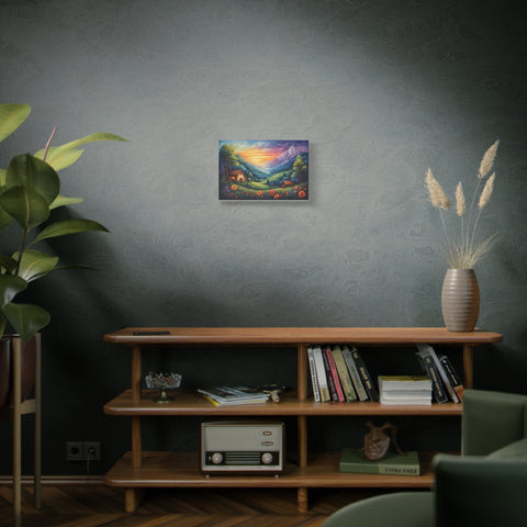 Sunset Valley Landscape Canvas Print — Cottage, Mountains & Wildflowers Matte Stretched