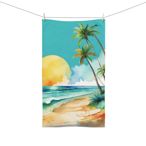 Tropical Sunset Hand Towel — Beach Palm Tree Watercolor Design