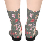 Floral Blooms Mid-Length Socks — Vintage Green Pink Flower Crew Socks