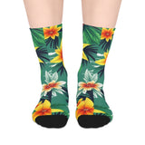 Tropical Floral Mid-Length Socks — Green Hibiscus Beach Print