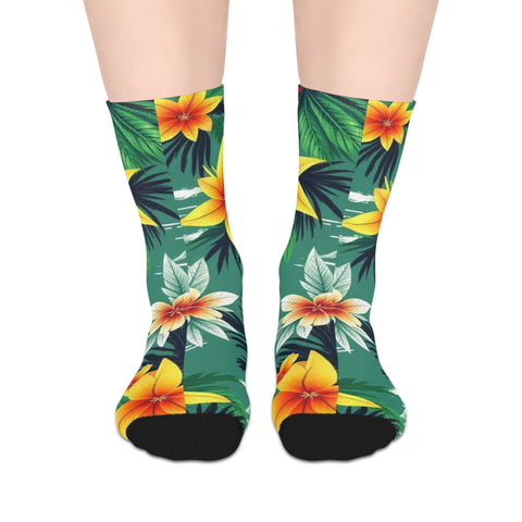 Tropical Floral Mid-Length Socks — Green Hibiscus Beach Print