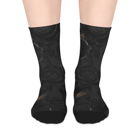 Black Rose Mid-Length Socks — Gothic Floral Crew Socks