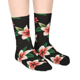 Tropical Plumeria Mid-Length Socks — Floral Black Crew Socks
