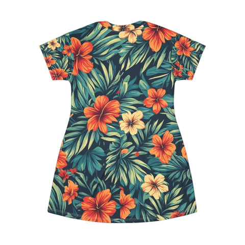 Floral Hibiscus T-Shirt Dress — Tropical All-Over Print Summer Dress
