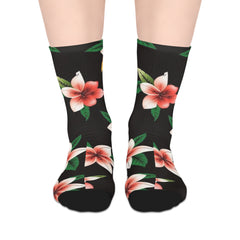 Tropical Plumeria Mid-Length Socks — Floral Black Crew Socks