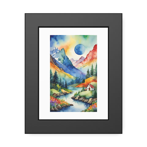 Framed Mountain Landscape Poster — Colorful Watercolor Cabin Print