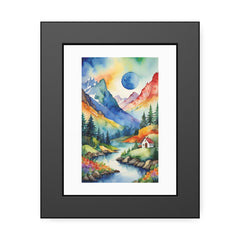 Framed Mountain Landscape Poster — Colorful Watercolor Cabin Print