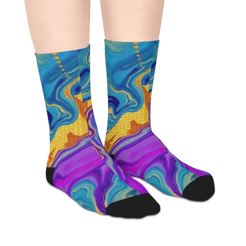 Colorwave Abstract Mid-Length Socks — Vibrant Psychedelic Marble Design