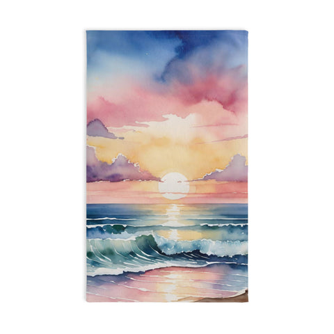 Sunset Ocean Watercolor Hand Towel — Beach Waves Sunrise Kitchen Towel