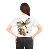 Dragonfly Floral Crop Tee — Vintage Botanical Summer Top