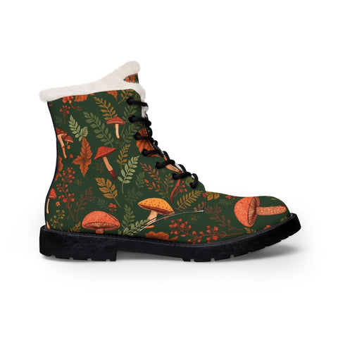 Mushroom Forest Fur-Lined Leather Boots — Cozy Women's Autumn Lace-Up