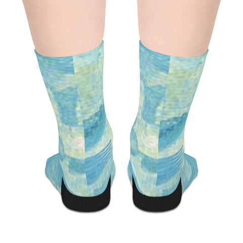 Aqua Tile Mid-Length Socks — Soft Blue Watercolor Pattern