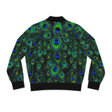 Peacock Feather All-Over Print Bomber Jacket — Women's Vibrant Green Blue Statement Outerwear