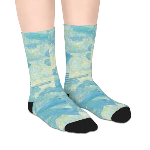Aqua Tile Mid-Length Socks — Soft Blue Watercolor Pattern