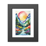 Watercolor Mountain Landscape Framed Poster — Vibrant Sunset River Wall Art