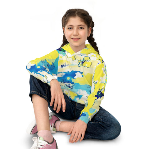 Kids Abstract Watercolor Hoodie – Blue & Yellow All-Over Print