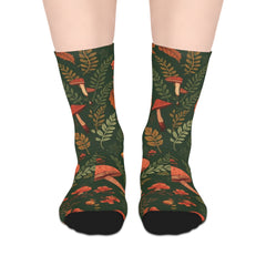 Autumn Mushroom Crew Socks — Forest Leaves & Fungi Mid-Calf Socks