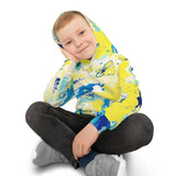 Kids Abstract Watercolor Hoodie – Blue & Yellow All-Over Print