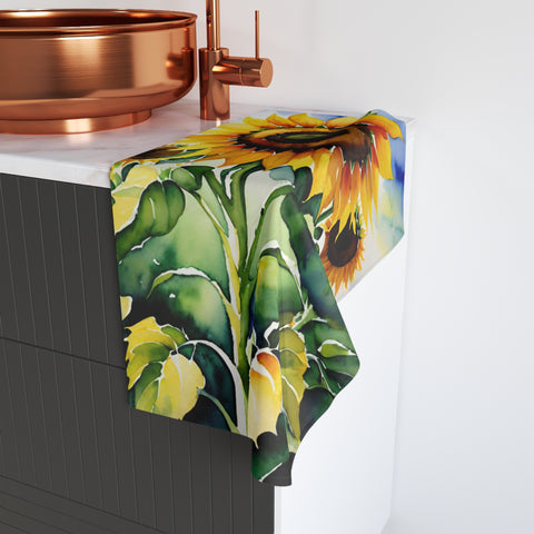 Sunflower Watercolor Hand Towel — Bright Floral Kitchen & Guest Towel