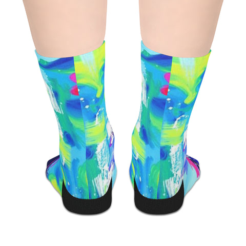 Vibrant Abstract Mid-Length Socks — Neon Tie-Dye Athletic Crew Socks